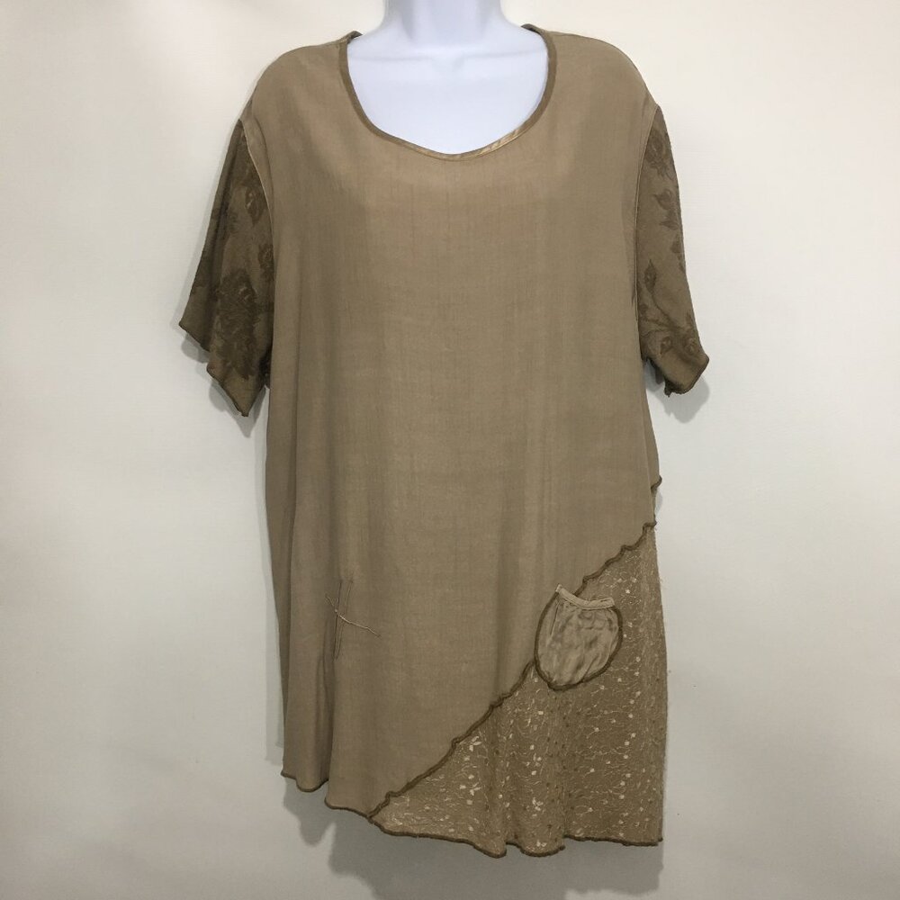 Nooshin Femme L Taupe Natural Fiber Long Top Tunic Pullover Short-Sleeve Roomy